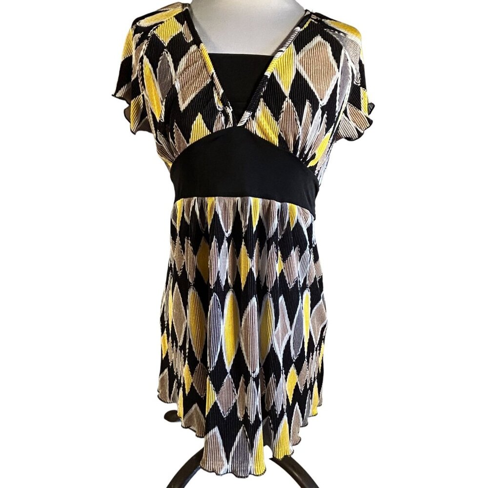 Nick & Sarah Womens Diamond Print Tunic Top With Tie Back Short Sleeves - Picture 2 of 7